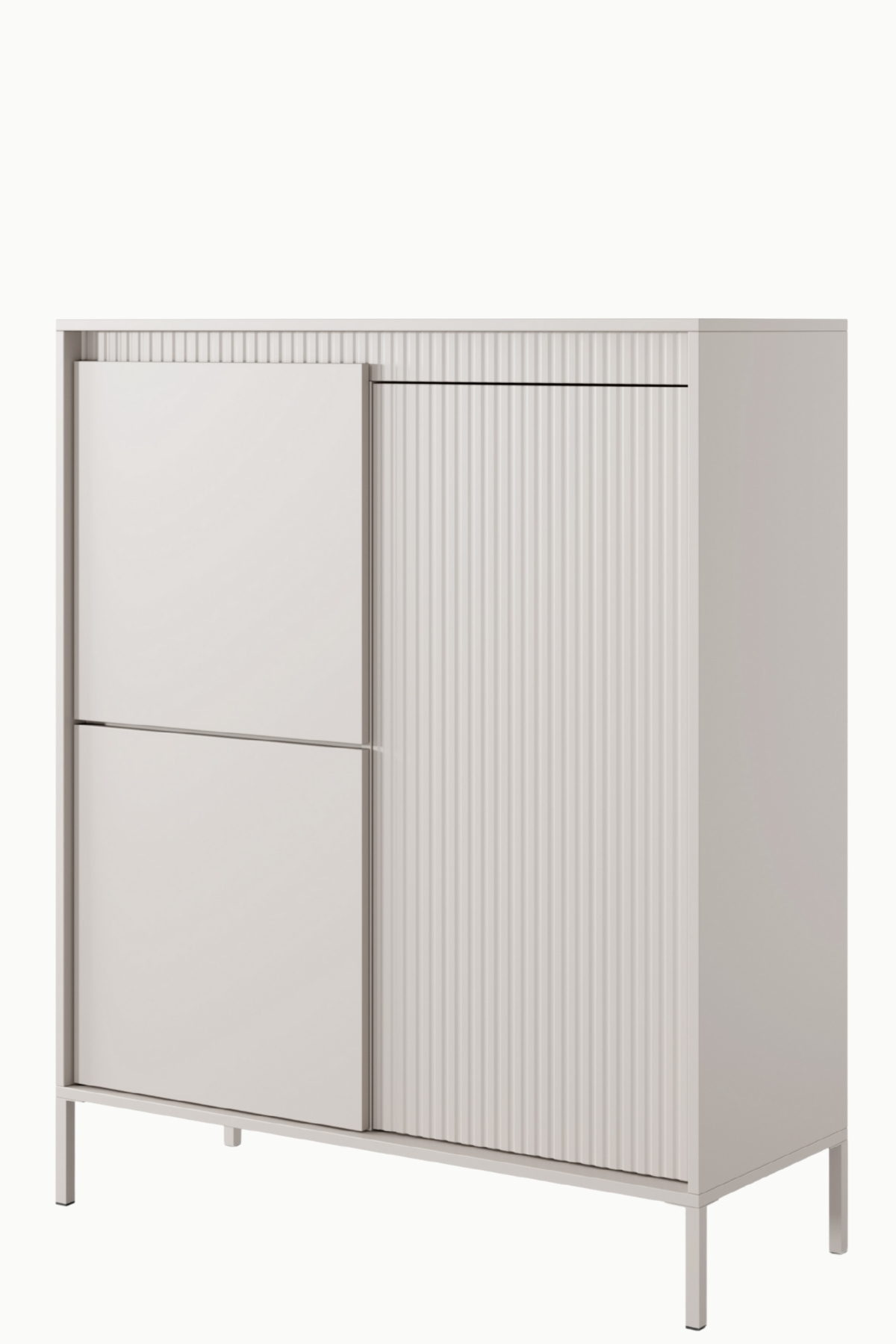 Buffet / commode haut Senso beige 103cm, design moderne avec façade cannelée et portes battantes , idéal salon contemporain