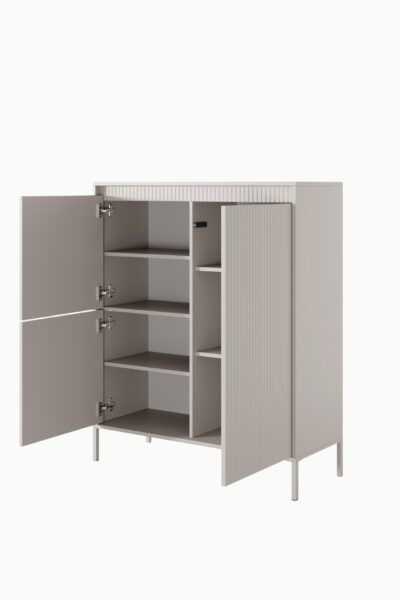 Buffet / commode haut Senso beige 103cm, design moderne avec façade cannelée et portes battantes , idéal salon contemporain