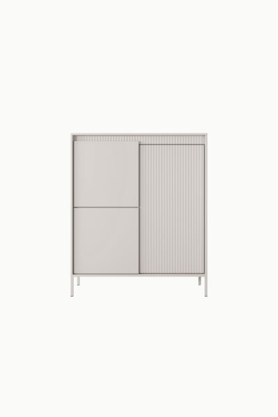 Buffet / commode haut Senso beige 103cm, design moderne avec façade cannelée et portes battantes , idéal salon contemporain
