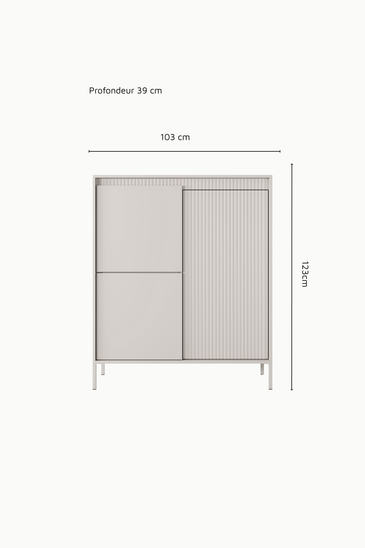 Buffet / commode haut Senso beige 103cm, design moderne avec façade cannelée et portes battantes , idéal salon contemporain