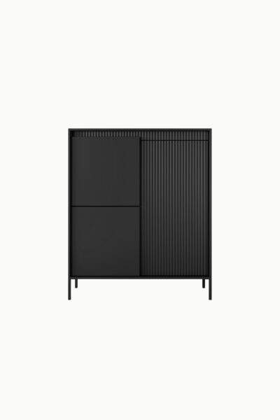 Buffet / commode haut Senso noir 103cm, design moderne avec façade cannelée et portes battantes , idéal salon contemporain