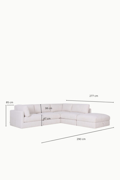 canapé d’angle modulable Kalia en tissu chenille beige avec pouf coffre de rangement