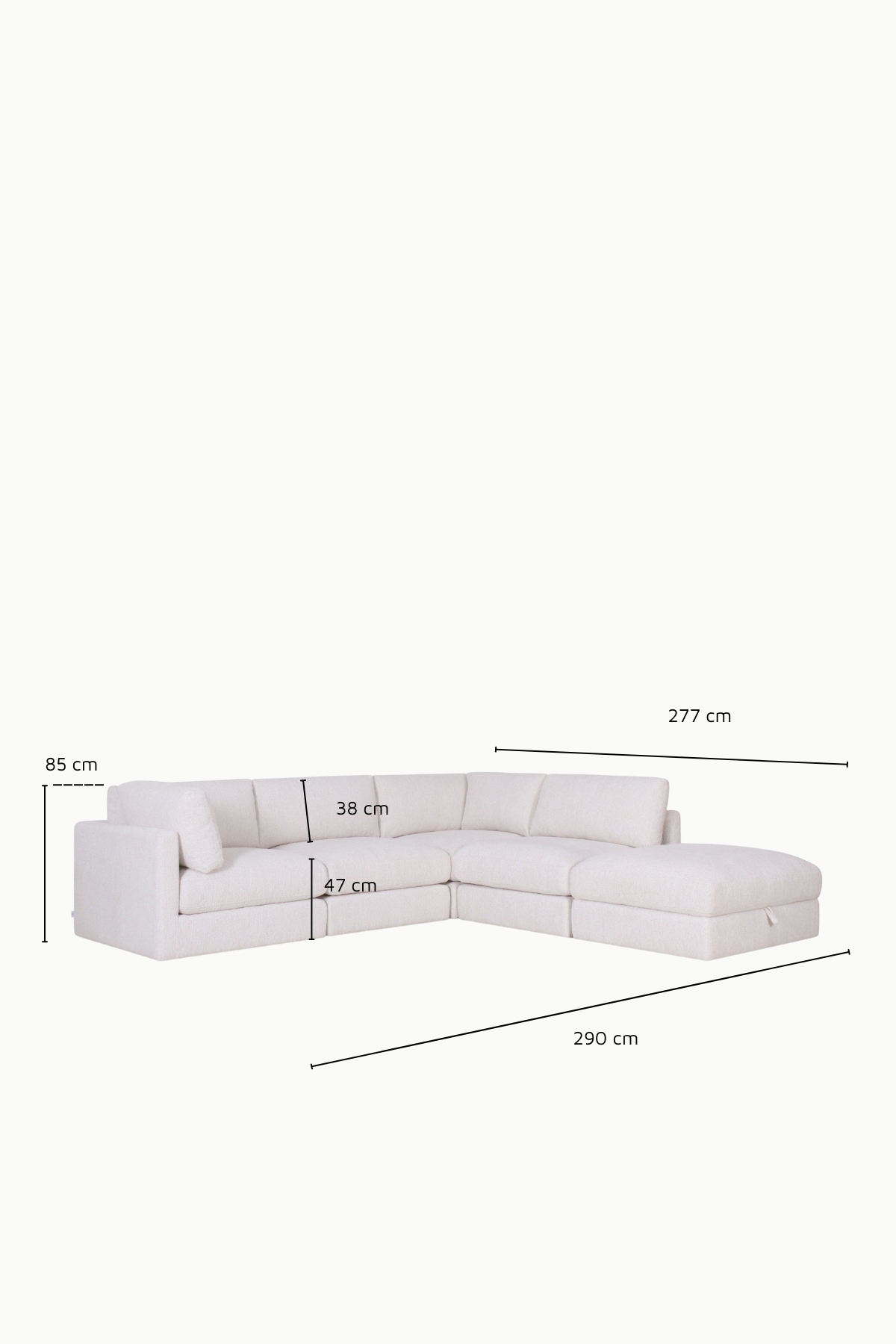 canapé d’angle modulable Kalia en tissu chenille beige avec pouf coffre de rangement