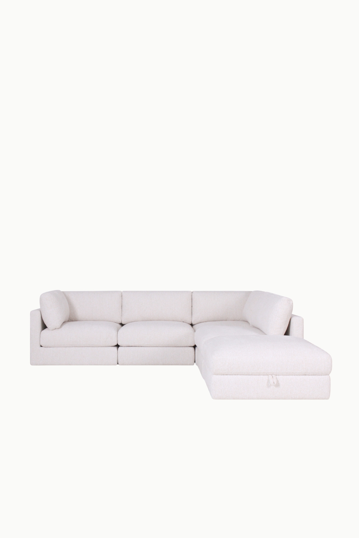 canapé d’angle modulable Kalia en tissu chenille beige avec pouf coffre de rangement