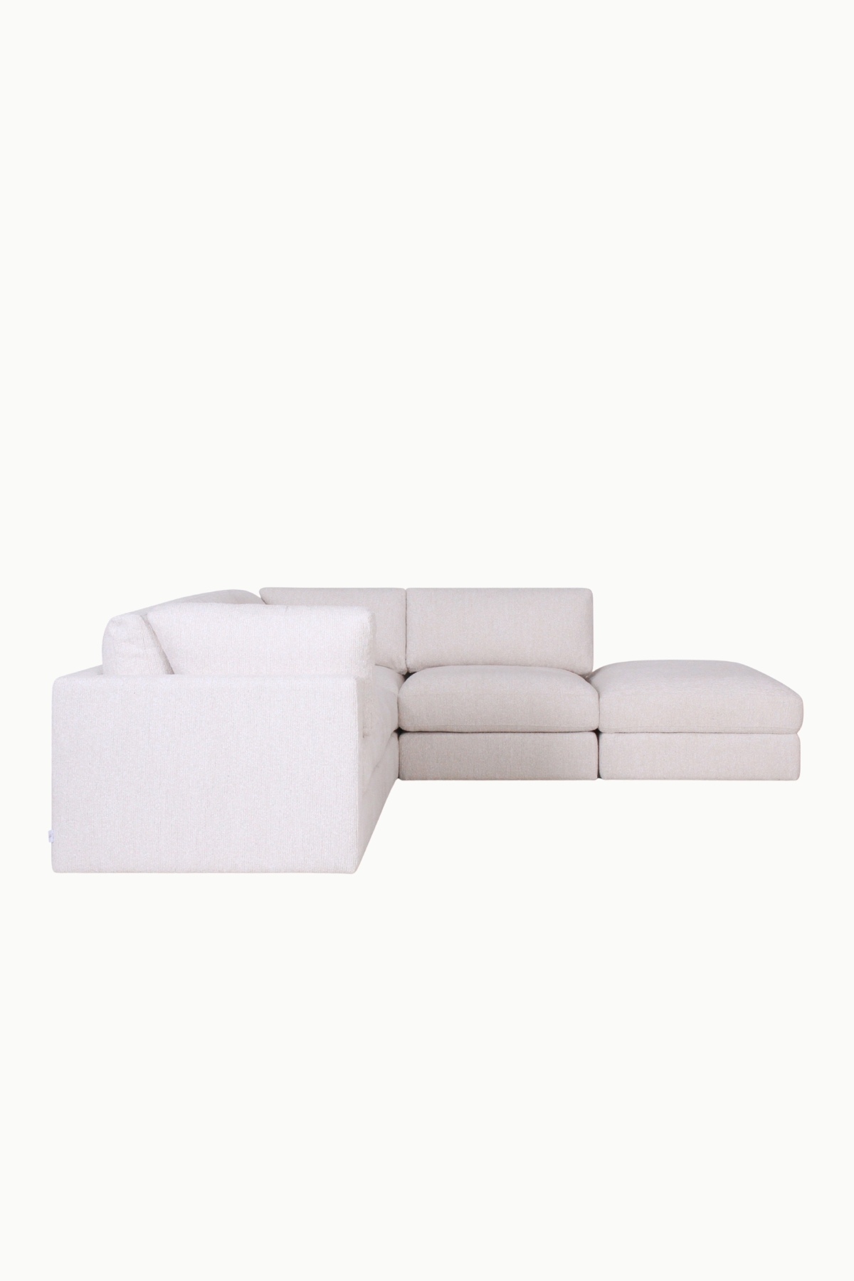 canapé d’angle modulable Kalia en tissu chenille beige avec pouf coffre de rangement