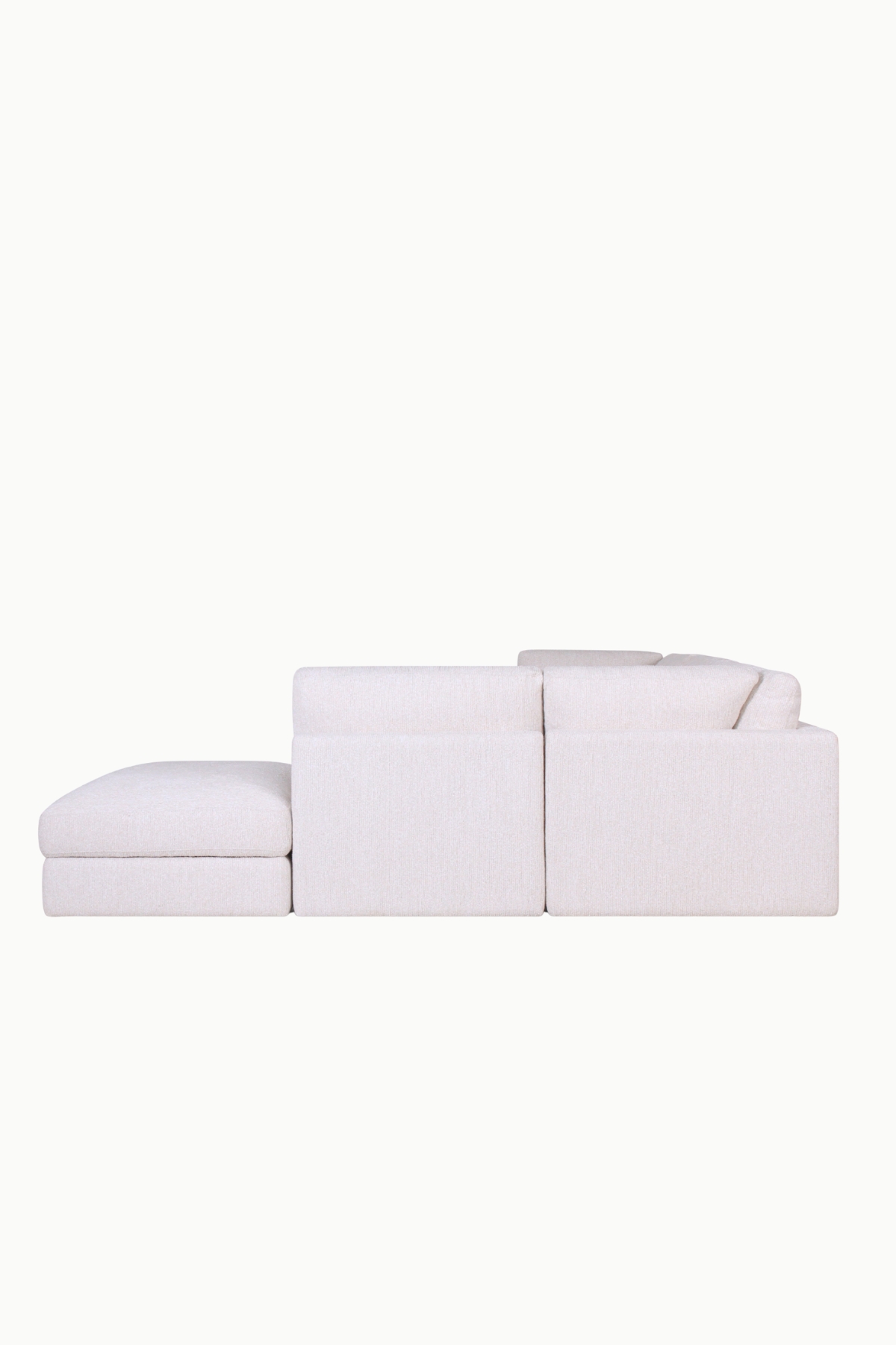 canapé d’angle modulable Kalia en tissu chenille beige avec pouf coffre de rangement