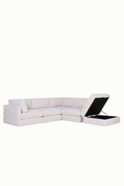 canapé d’angle modulable Kalia en tissu chenille beige avec pouf coffre de rangement