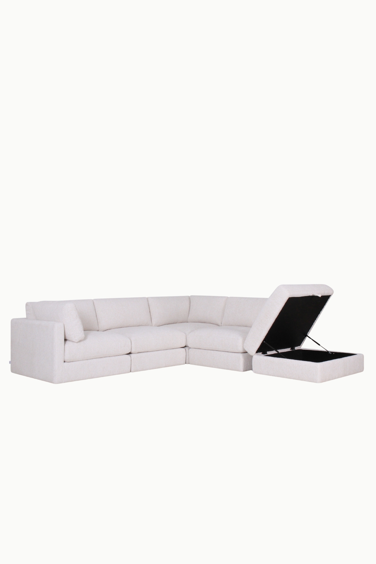 canapé d’angle modulable Kalia en tissu chenille beige avec pouf coffre de rangement