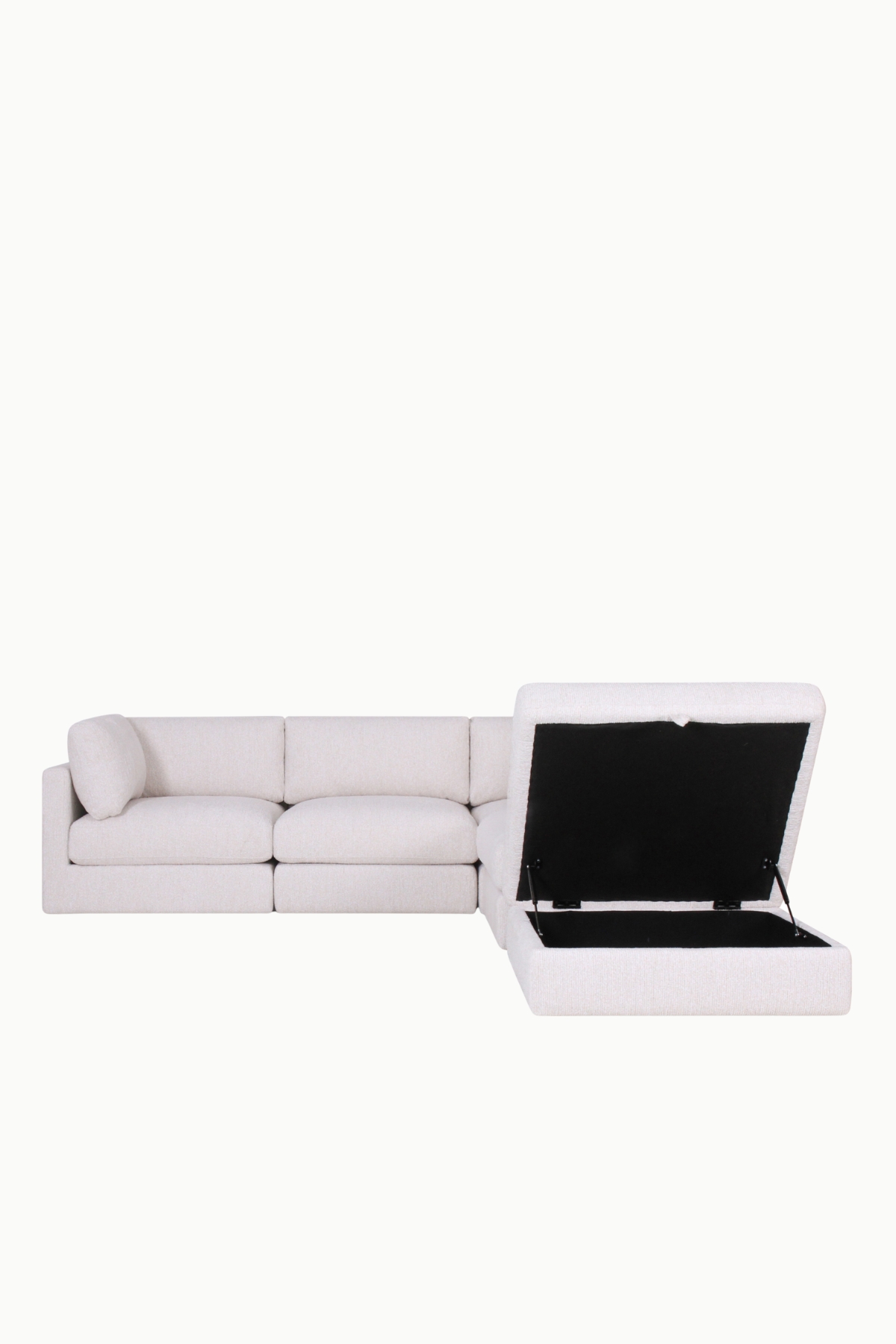 canapé d’angle modulable Kalia en tissu chenille beige avec pouf coffre de rangement