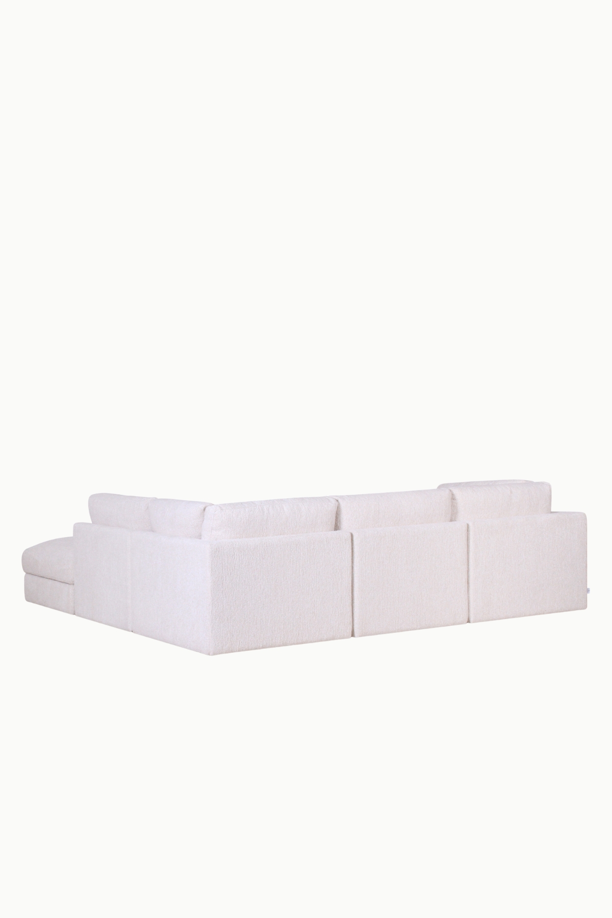 canapé d’angle modulable Kalia en tissu chenille beige avec pouf coffre de rangement