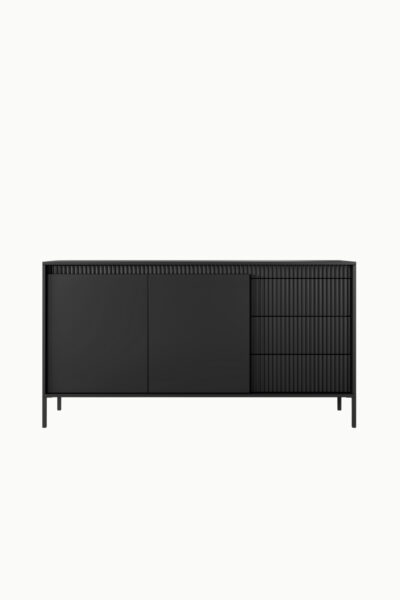 Buffet / commode Senso noir 153cm, design moderne avec façade cannelée et portes coulissantes, idéal salon contemporain
