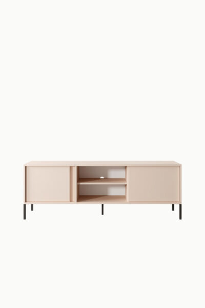 Meuble TV Darius 153cm en bois clair, portes ouvertes avec rangements internes et étagères, design moderne