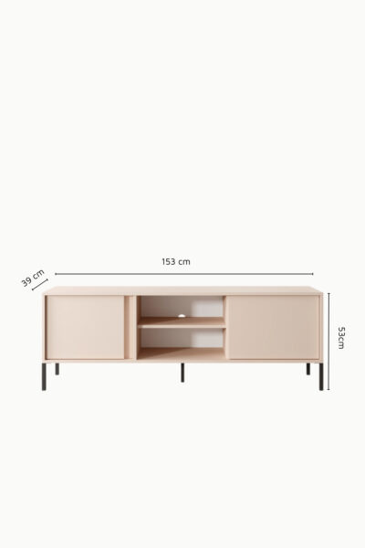 Meuble TV Darius 153cm en bois clair, portes ouvertes avec rangements internes et étagères, design moderne