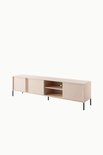 Meuble TV Darius 202 cm en bois clair, portes ouvertes avec rangements internes et étagères, design moderne
