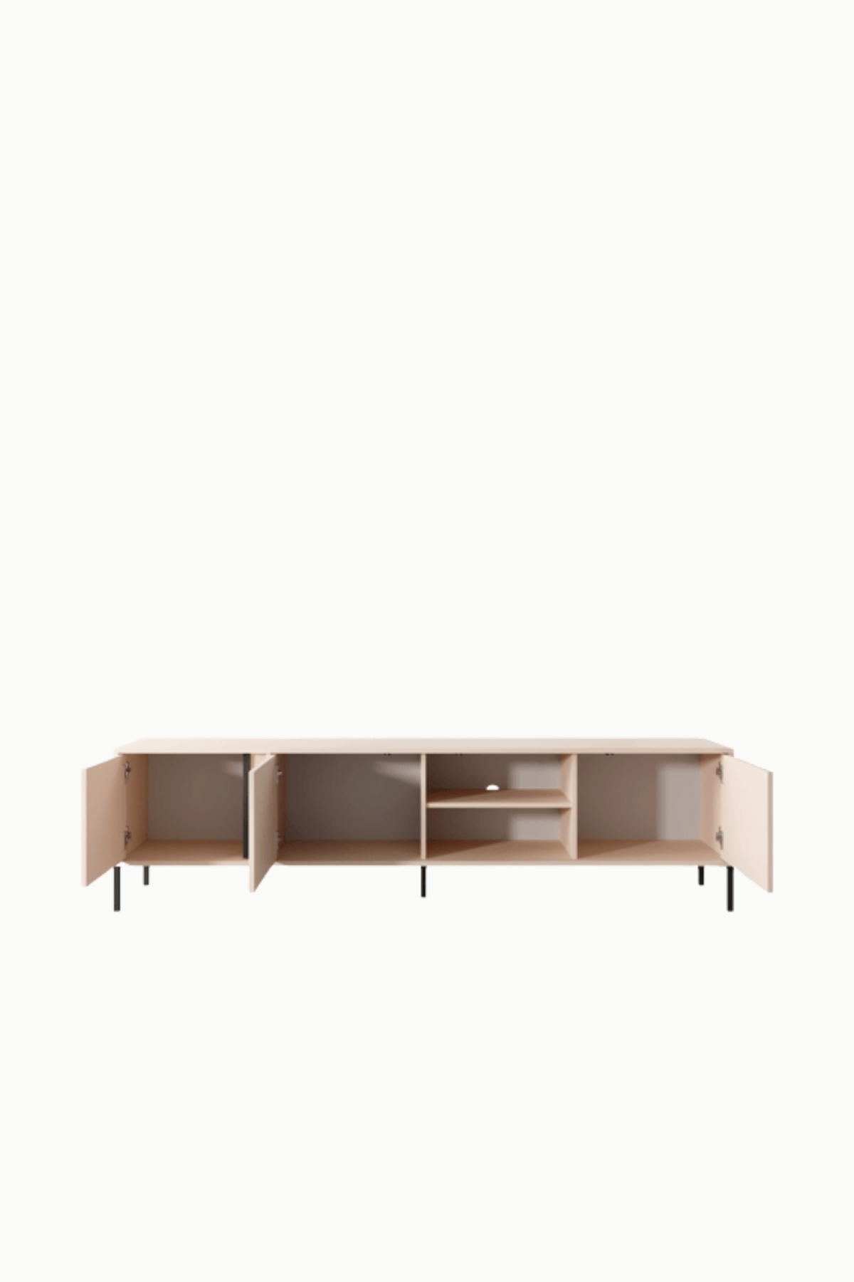 Meuble TV Darius 202 cm en bois clair, portes ouvertes avec rangements internes et étagères, design moderne