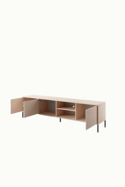 Meuble TV Darius 202 cm en bois clair, portes ouvertes avec rangements internes et étagères, design moderne