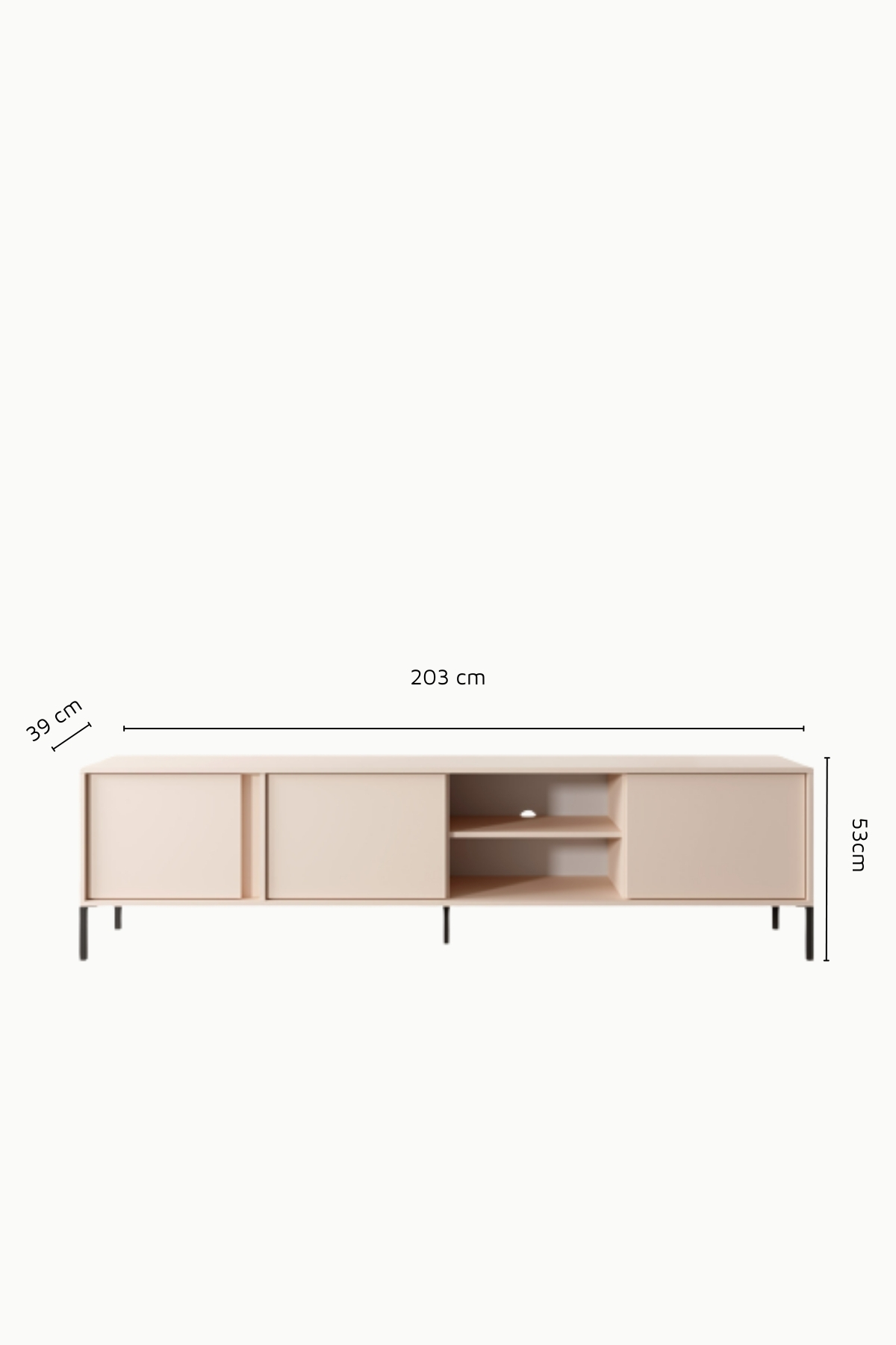 Meuble TV Darius 202 cm en bois clair, portes ouvertes avec rangements internes et étagères, design moderne