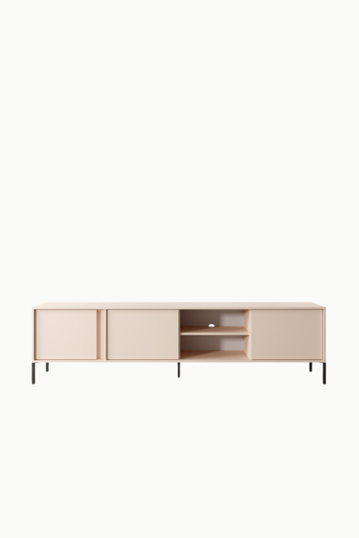 Meuble TV Darius 202 cm en bois clair, portes ouvertes avec rangements internes et étagères, design moderne