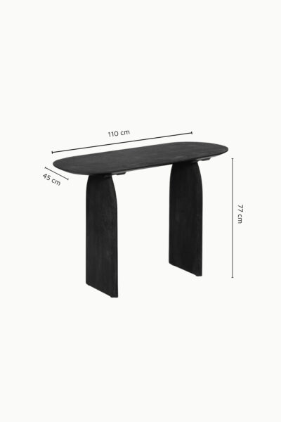 Console Emilia en bois d’acacia noir, design moderne avec plateau ovale et pieds en forme d'arche