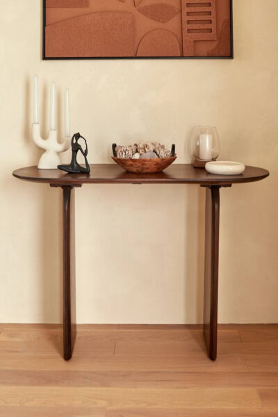 Console Emilia en bois d’acacia marron, design moderne avec plateau ovale et pieds en forme d'arche