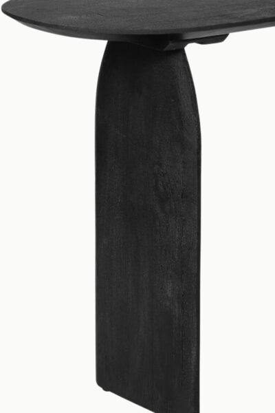 Console Emilia en bois d’acacia noir, design moderne avec plateau ovale et pieds en forme d'arche