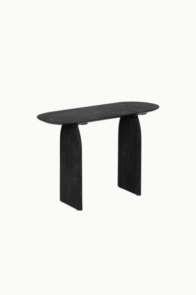 Console Emilia en bois d’acacia noir, design moderne avec plateau ovale et pieds en forme d'arche