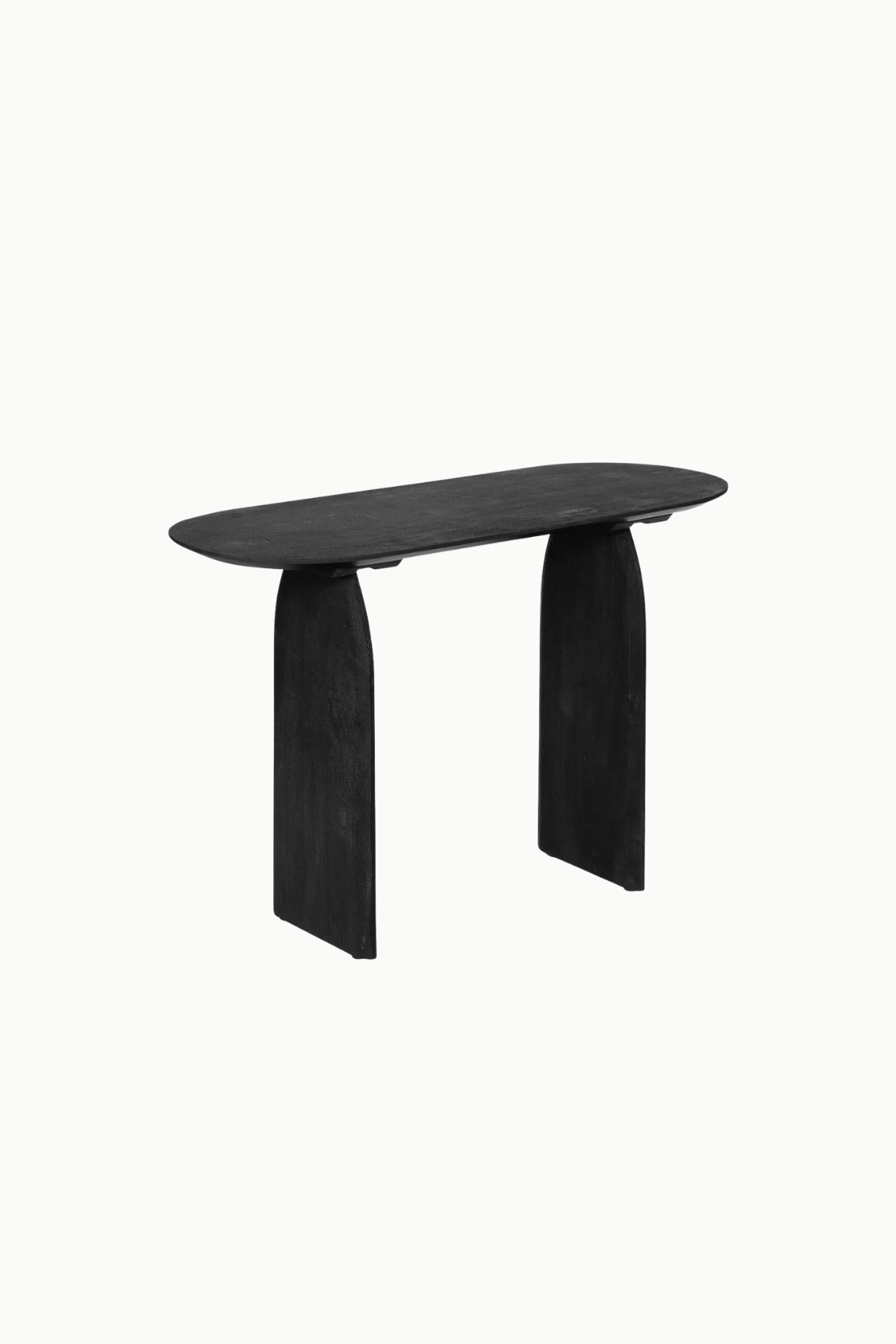 Console Emilia en bois d’acacia noir, design moderne avec plateau ovale et pieds en forme d'arche