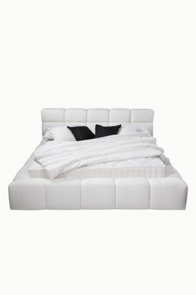 Lit coffre bubble en tissu laine bouclée blanc, design arrondi, fabrication européenne haut de gamme, vérins 1000NW, personnalisable.