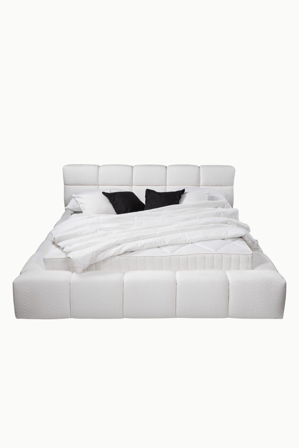 Lit coffre bubble en tissu laine bouclée blanc, design arrondi, fabrication européenne haut de gamme, vérins 1000NW, personnalisable.