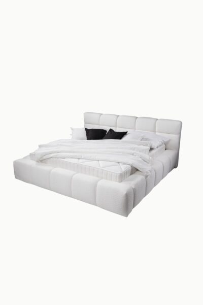 Lit coffre bubble en tissu laine bouclée blanc, design arrondi, fabrication européenne haut de gamme, vérins 1000NW, personnalisable.