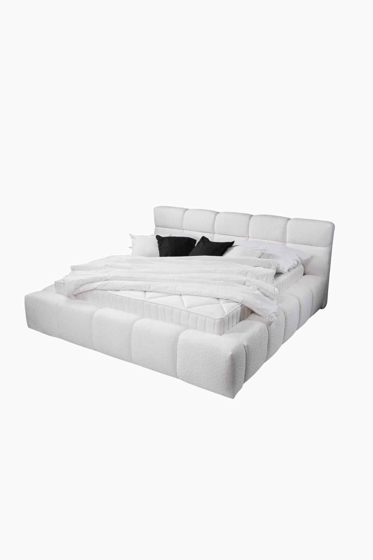 Lit coffre bubble en tissu laine bouclée blanc, design arrondi, fabrication européenne haut de gamme, vérins 1000NW, personnalisable.