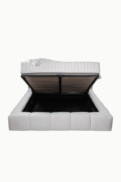 Lit coffre bubble en tissu laine bouclée blanc, design arrondi, fabrication européenne haut de gamme, vérins 1000NW, personnalisable.