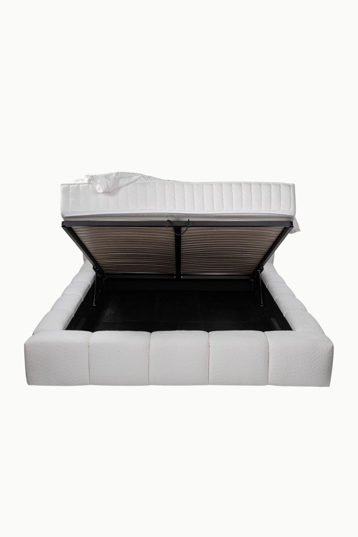 Lit coffre bubble en tissu laine bouclée blanc, design arrondi, fabrication européenne haut de gamme, vérins 1000NW, personnalisable.