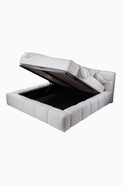 Lit coffre bubble en tissu laine bouclée blanc, design arrondi, fabrication européenne haut de gamme, vérins 1000NW, personnalisable.