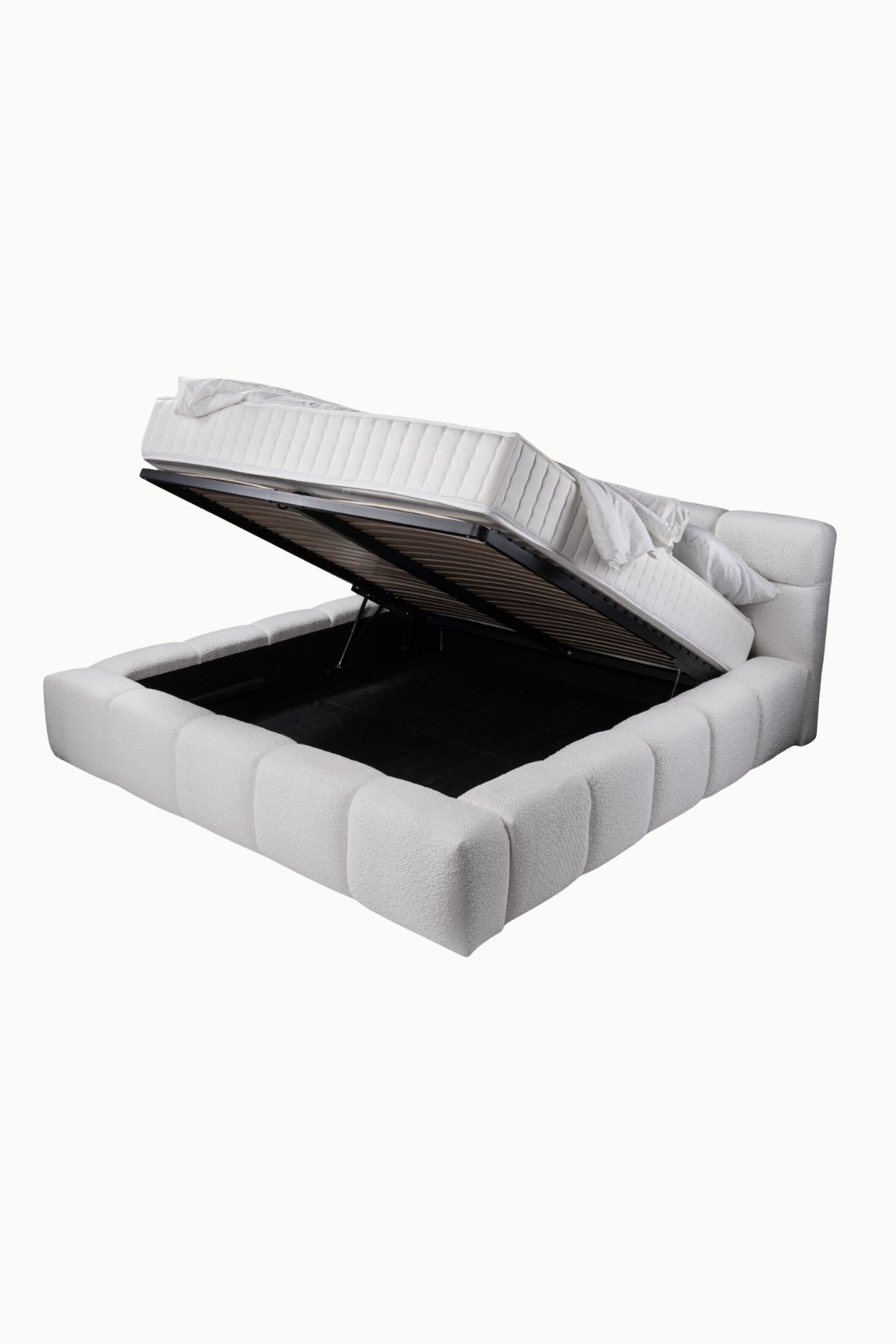 Lit coffre bubble en tissu laine bouclée blanc, design arrondi, fabrication européenne haut de gamme, vérins 1000NW, personnalisable.