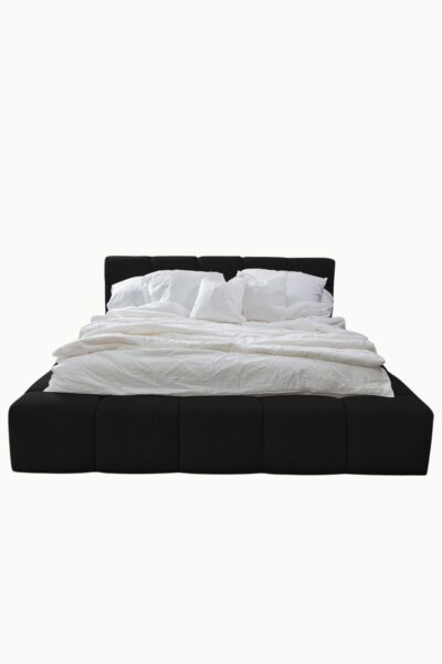 Lit coffre bubble en tissu laine bouclée noire, design arrondi, fabrication européenne haut de gamme, vérins 1000NW, personnalisable.