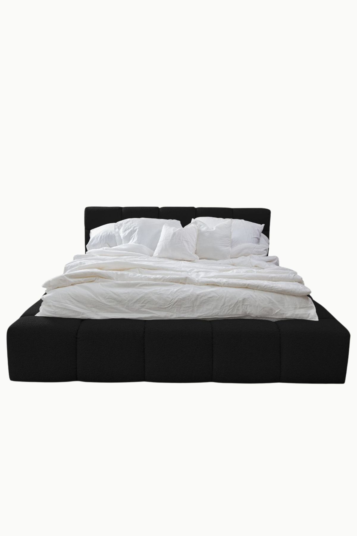 Lit coffre bubble en tissu laine bouclée noire, design arrondi, fabrication européenne haut de gamme, vérins 1000NW, personnalisable.