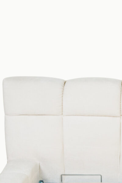 Lit coffre bubble en tissu chenille écru, design arrondi, fabrication européenne haut de gamme, vérins 1000NW, personnalisable.