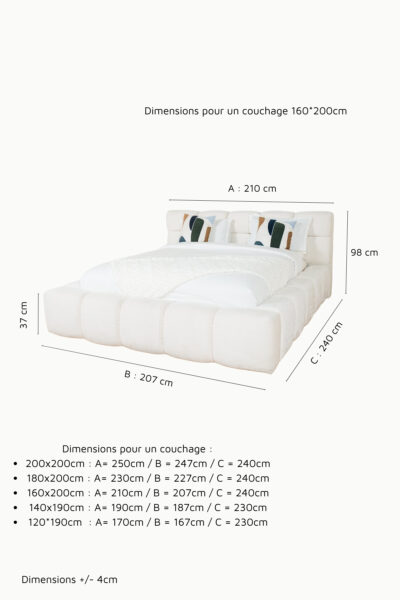 Lit coffre bubble en tissu chenille écru, design arrondi, fabrication européenne haut de gamme, vérins 1000NW, personnalisable.