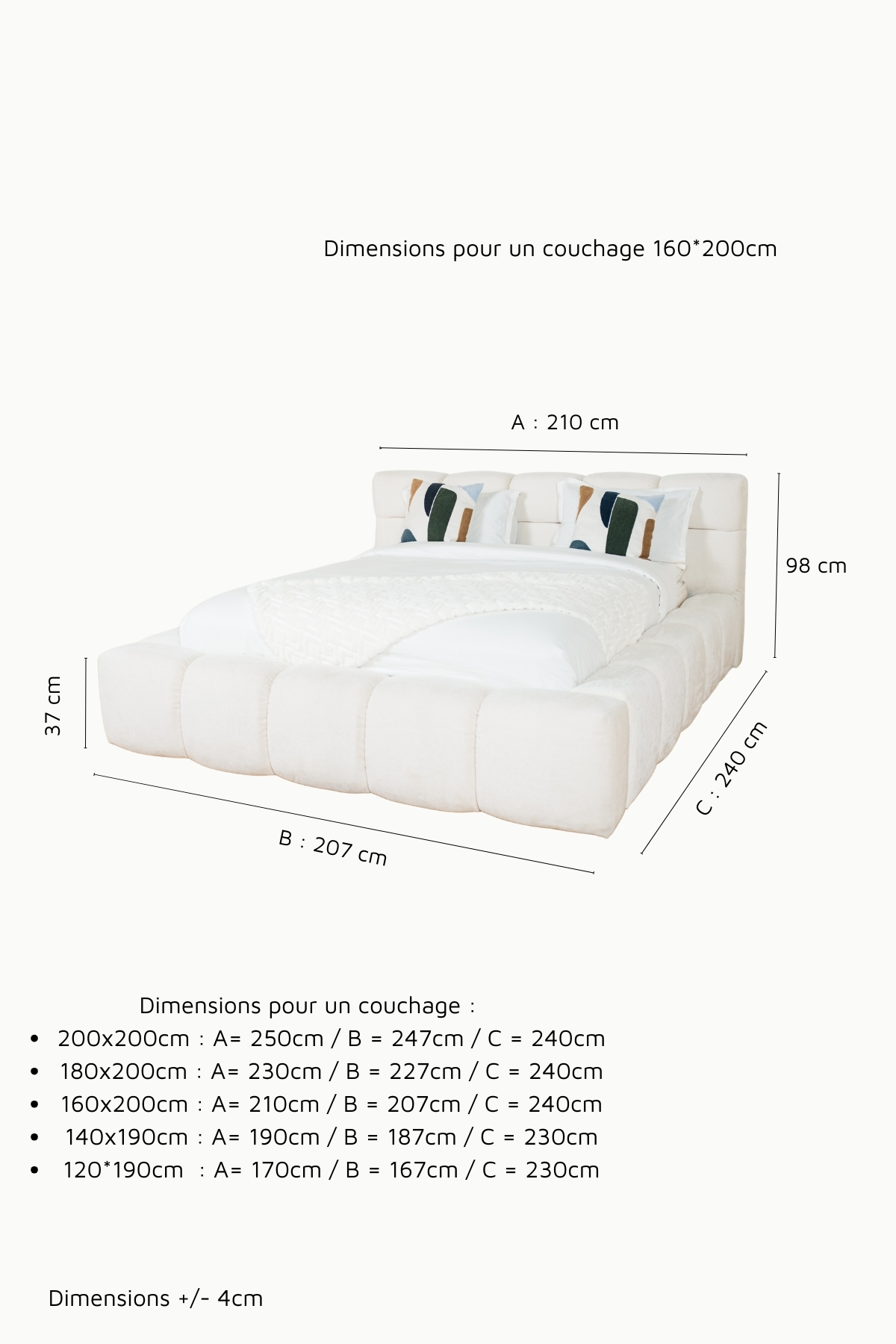 Lit coffre bubble en tissu chenille écru, design arrondi, fabrication européenne haut de gamme, vérins 1000NW, personnalisable.