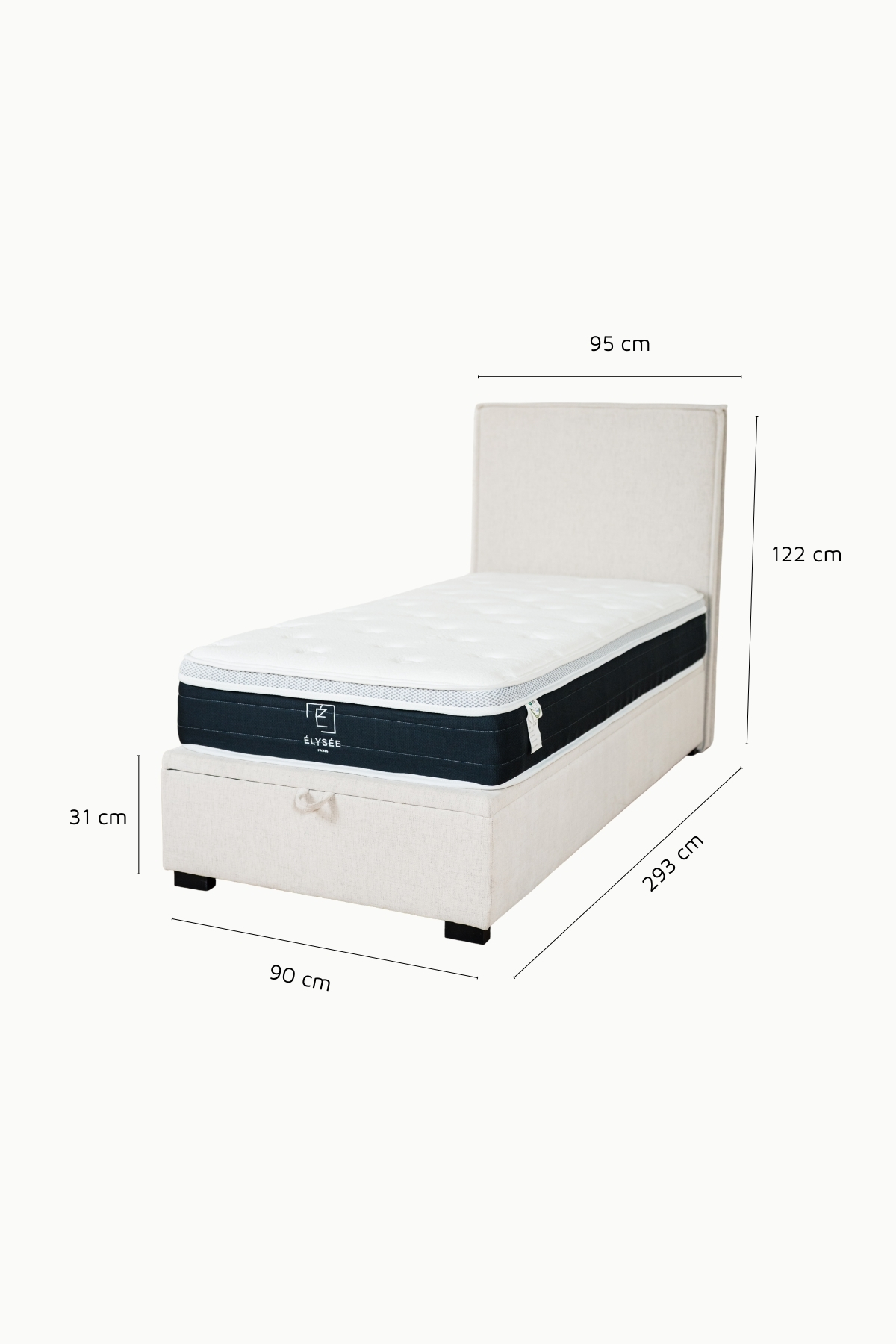 Lit coffre une place tina en tissu chenille écru, coffre de rangement, lattes en bouleau et fabrication européenne haut de gamme.