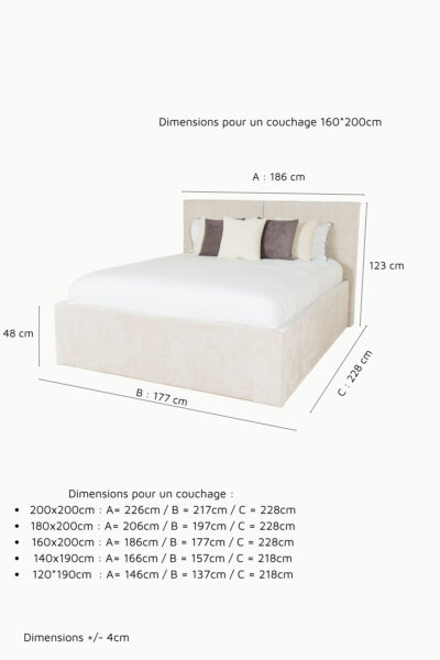 Lit coffre MIA deux places en tissu chenille beige, design contemporain minimaliste avec grand coffre de rangement et fabrication européenne haut de gamme.