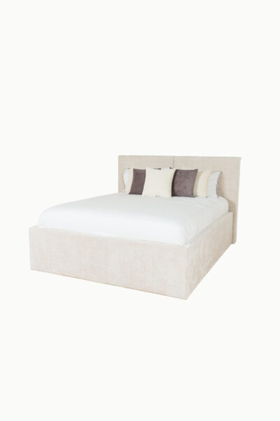 Lit coffre MIA deux places en tissu chenille beige, design contemporain minimaliste avec grand coffre de rangement et fabrication européenne haut de gamme.