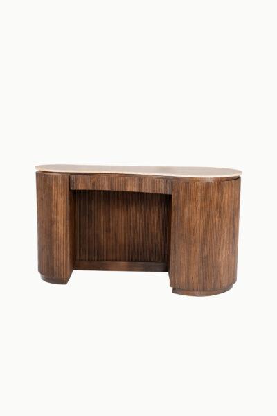 Bureau Marie en bois de manguier avec tiroir et porte latérale, plateau en travertin, meuble de rangement élégant et moderne