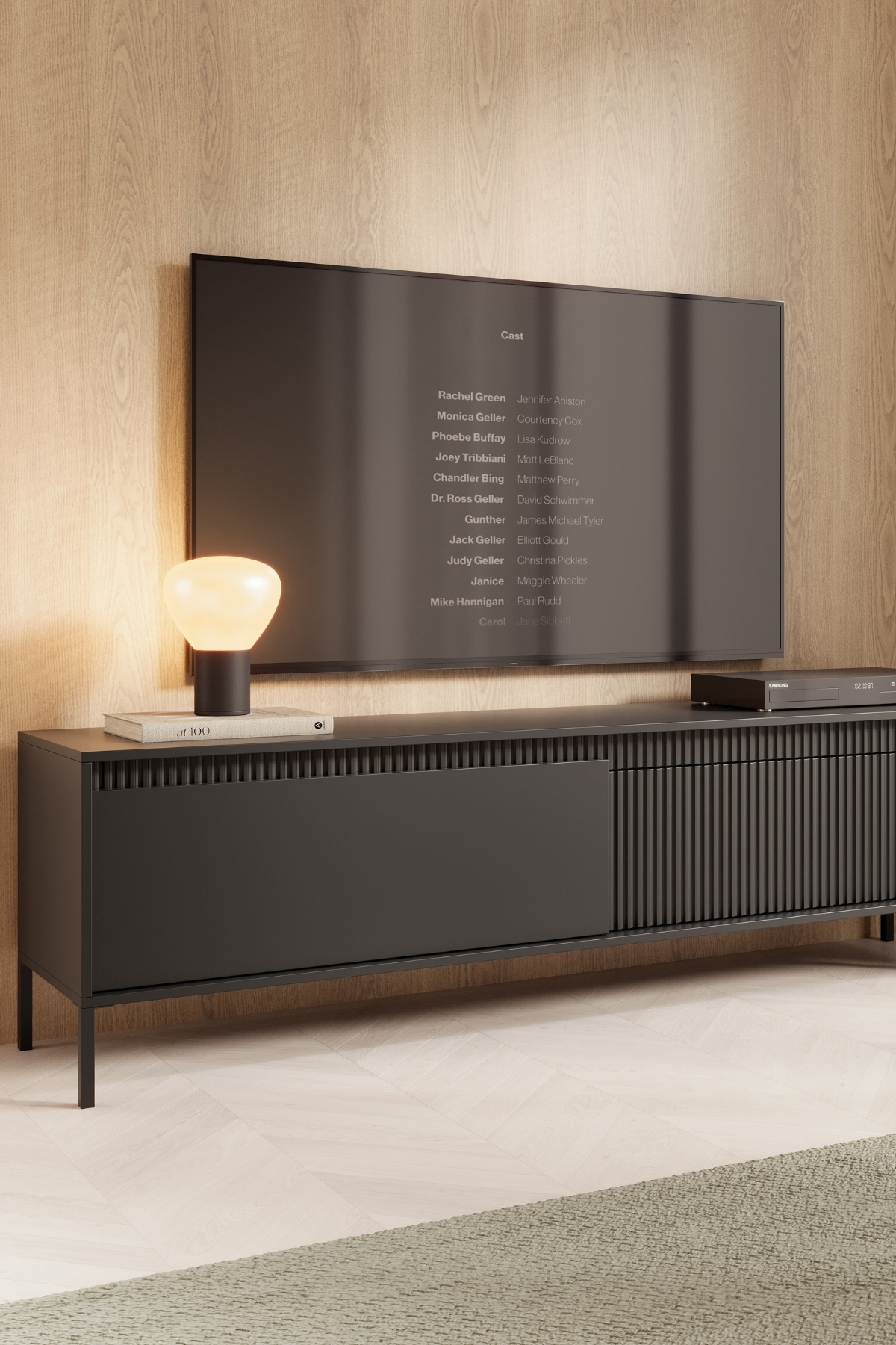 MEUBLE TV Senso noir 187cm, design moderne avec façade cannelée, portes battantes, idéal salon contemporain.