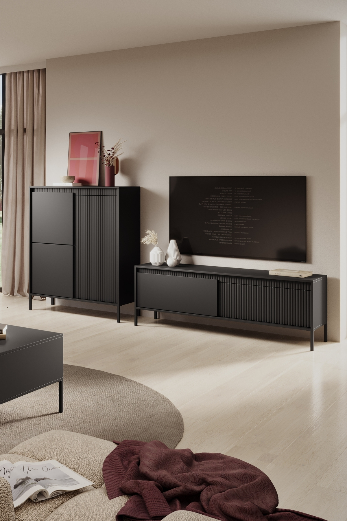 MEUBLE TV Senso noir 187cm, design moderne avec façade cannelée, portes battantes, idéal salon contemporain.
