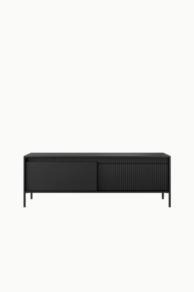 Meuble TV Senso noir 187cm, design moderne avec façade cannelée et portes battantes , idéal salon contemporain.