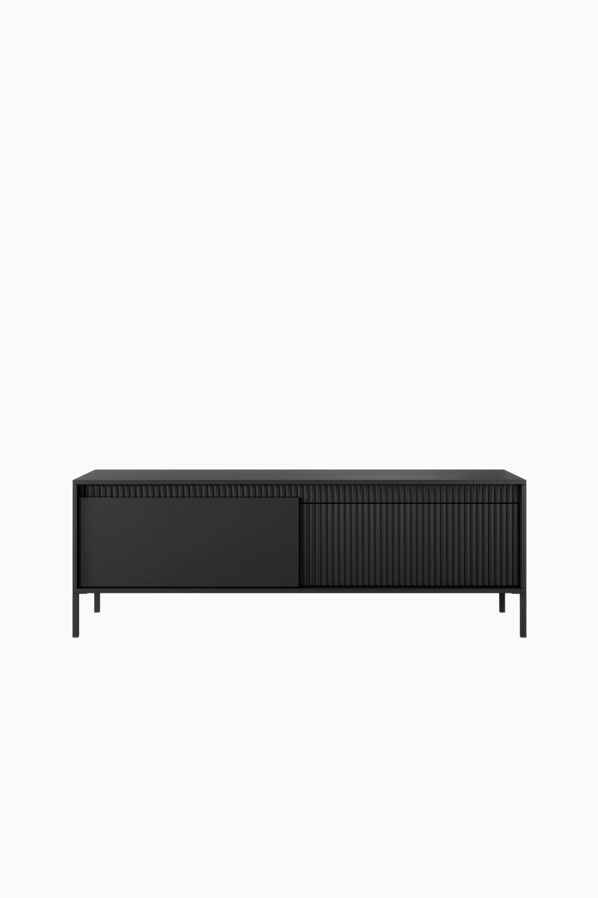 Meuble TV Senso noir 187cm, design moderne avec façade cannelée et portes battantes , idéal salon contemporain.