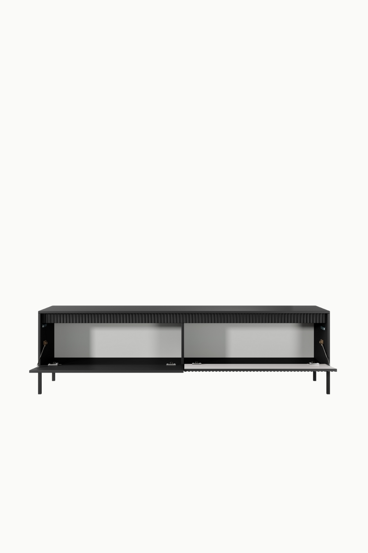 Meuble TV Senso noir 187cm, design moderne avec façade cannelée et portes battantes , idéal salon contemporain.