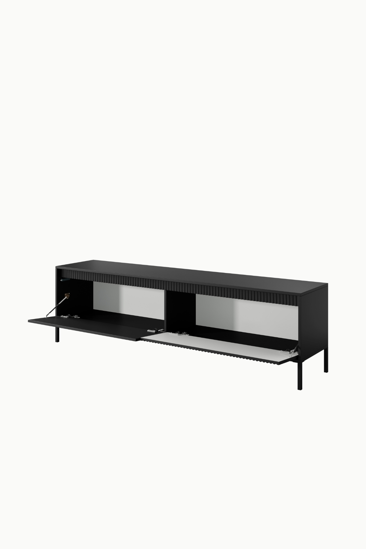 Meuble TV Senso noir 187cm, design moderne avec façade cannelée et portes battantes , idéal salon contemporain.